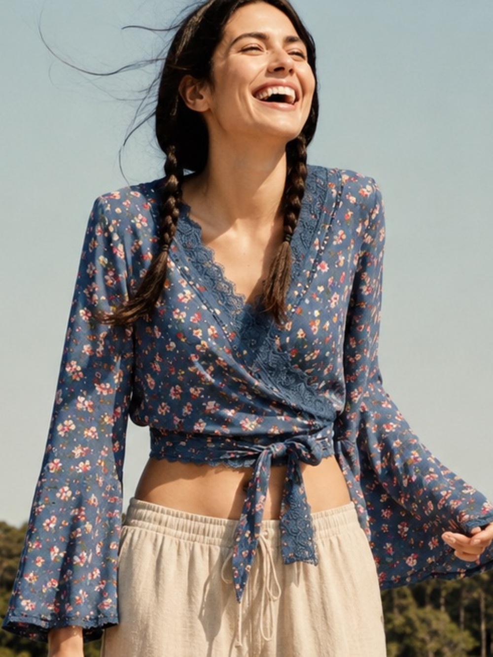 Polly & Esther Dark Blue Floral Waist Tie Boho Blouse Flared Sleeve, Size S